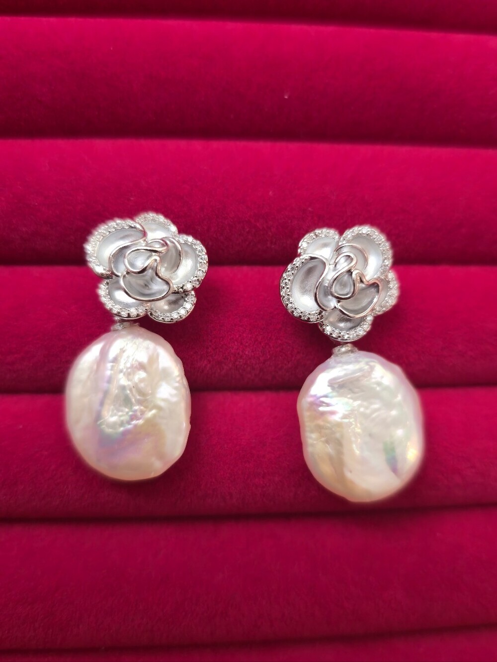 925 Silver Floral Pearl Drop Earrings - Freshwater Baroque Pearls